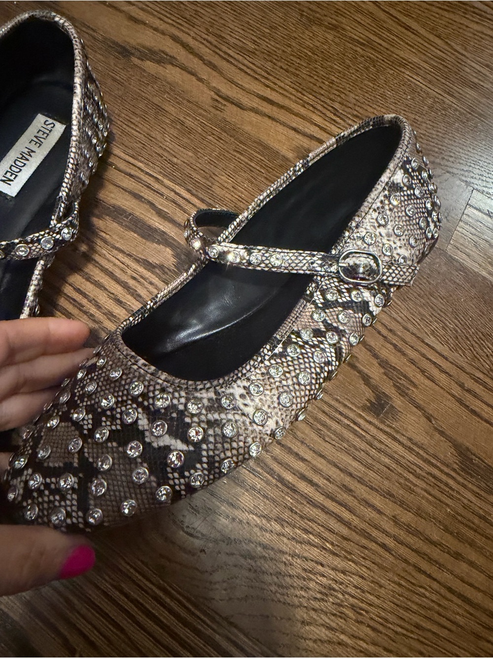 Steve Madden Jeweled Snake-Print Mary Jane Flats in Champagne